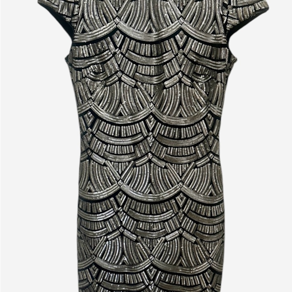 Dress the Population Black and Silver Sequin Sheath Midi Dress